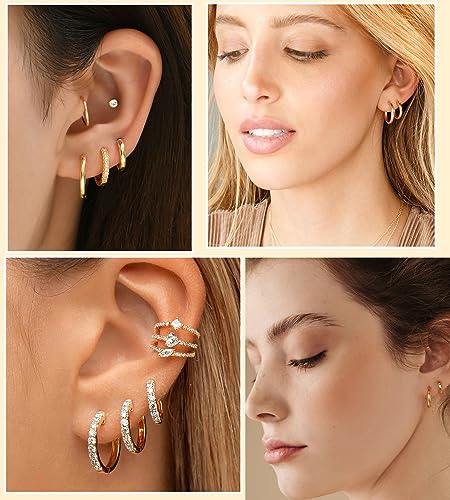 Cocadant 6 Pairs 925 Sterling Silver Small Hoop Earrings for Women,14k Real Gold Hypoallergenic Tiny Cubic Zirconia Cartilage Huggie Earring Sets for Multiple Piercing Trendy Jewelry 8/10/12mm - color: 6Pairs Gold,8mm 10mm 12mm