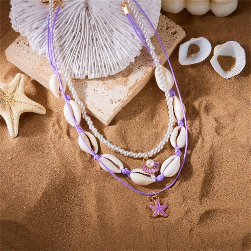Shell Beach Choker Necklace Set for Women Boho Layered Beaded Adjustable Starfish Conch Shell Nacklace Imitaion Pearl Rice Beads Necklace Summer Ocean Vacation Jewelry - color: Purple