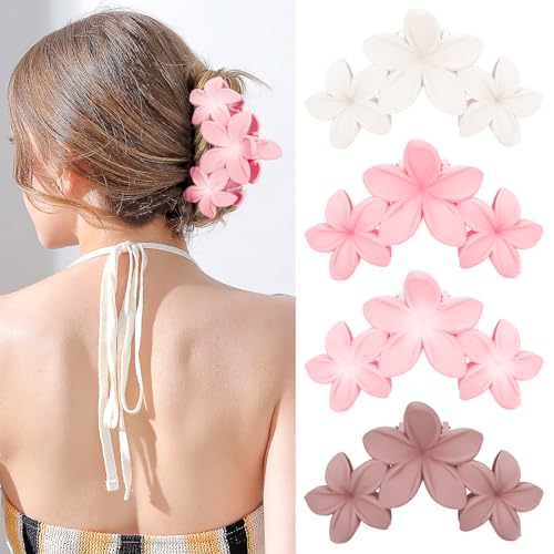 ANBALA Flower Claw Hawaiian Hair Clip, 4PCS Large Plumeria Hair Clips for Women, Non-Slip Strong Hold Clips for Thick Hair, Beach Hair Accessories (Pink, Gradient White, Dark Pink) - color: D-4pcs large colorful flower-Pink