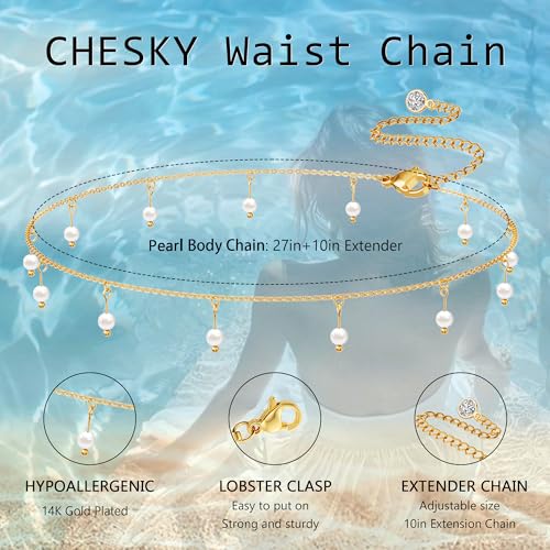 CHESKY 14K Gold Plated Silver Plated Waist Chain for Women, Layered Belly Belt Chains Beach Waist Beads Chain Waterproof Snake Cuban Body Chain Summer Jewelry Accessories for Women - style: pearl-gd