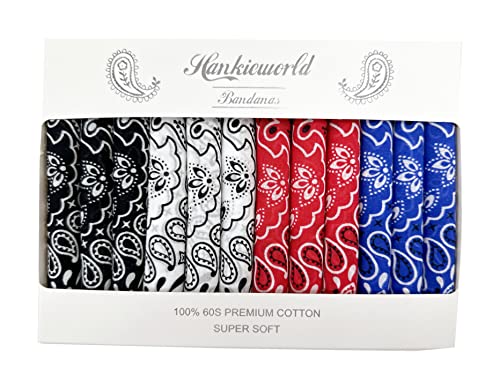 Bandanas Gift Set 12 Pack Soft Thin Handfeel Cotton Bandanna Scarf for men - color: Black&red&white&blue