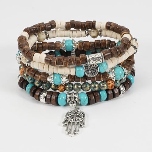 COLORFUL BLING Boho Turquoise Wooden Beaded Stretch Bracelets Stackable Turtle Butterfly Elephant Shell Heart Charms Bracelet for Women Men Western Jewelry Gifts - style: Set 6