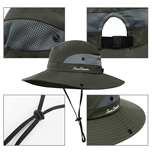 3 Pieces Womens Ponytail Wide Brim Sun Hat Packable UV Protection Beach Cap for Fishing & Hiking - color: Gray＆army Green＆beige