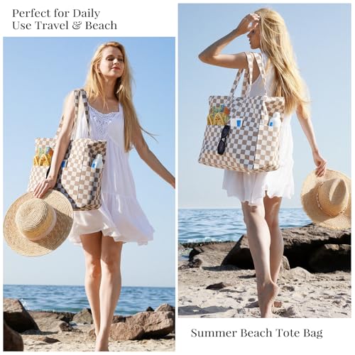 Trifabricy Beach Bags for Women Waterproof Sandproof Women Tote Bag, Large Beach Bag with Zipper for Gym Travel Vocation - color: Brown Beige Grid