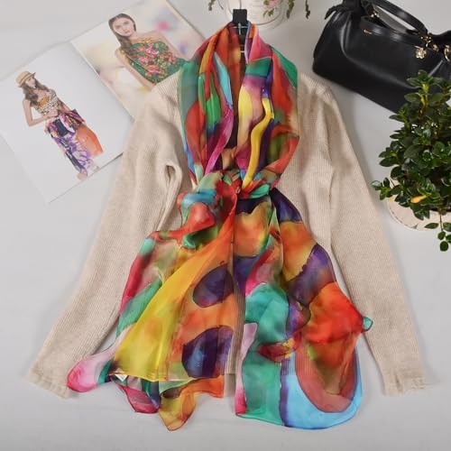 100% Mulberry Silk Women's Neck Silk Scarf-Lightweight Shawl,FLoral Print Beach Silk Wrap-Scarves for Photography - color: Rainbow-color