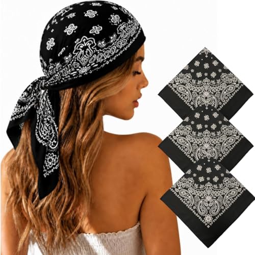 Junvena 27 Inch Extra Large Bandana 100% Cotton,Soft Thin Breathable Headband for Men Women, Solid & Paisley - color: Black Paisley 3 Pack