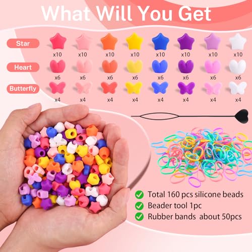 160Pcs Silicone Hair Beads for Braiding, 5mm hole Mixed Shape Soft Pony Beads Bulk, Multi-color Hair Jewerly Accessories Kit with 60 Rubber Bands and 1 Beader for Braids,DIY Bracelets and Crafts - color: Multi Shape-Multicolor-160pcs