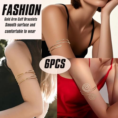 BROCC 6pcs Gold Arm Cuff Bracelet Set for Women Adjustable Coil Swirl Upper Cuff Bracelet Jewelry - color: A