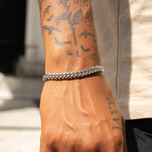 CG&KYGG 6mm Miami Cuban Link Chain 14K White Gold Plated 316L Stainless Steel Necklace or Bracelet for Mens Womens(Double Safety Clasp, Birthday Gift) - style: 14K White Gold Bracelet - 6mm