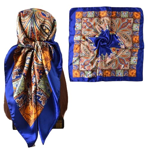 35 x 35 Women's Fashion Pattern Large Square Silk Like Hair Scarf Head Sleeping Wrap Satin Neck Bandana for Gift… - color: Big Cashew Navy Blue