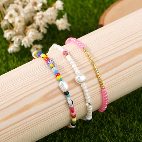 Dainty Gold Plated Tiny Ball Colorful Beaded Stack Bracelets Sets for Women,3Pcs Stackable Cute Bracelet Stretch Trendy Ball Jewelry Friendship Gift - color: pearl