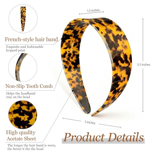 Tortoise Shell Headbands for Women, Wide Leopard Headbands with Teeth for Women's Hair No Headache Headband No Slip Hairbands-Tortoise, Acetate Hair Accessory for Daily Wear - color: light leopard print