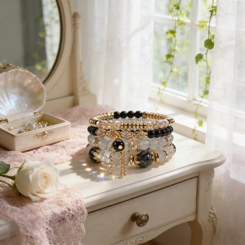 Bohemian Bracelet Sets for Women - 4-Pack Stackable Stretch Bead Bracelets with Black＆White Crystal & Gold Accessories, Multi-Layer Boho Jewelry - color: black