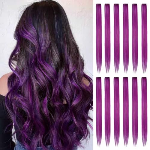 12pcs Clip in Purple Hair Extensions, 22 Inch Rainbow Hair with Silver Tinsels, Colorful Holiday Party Highlights for Women - color: Purple