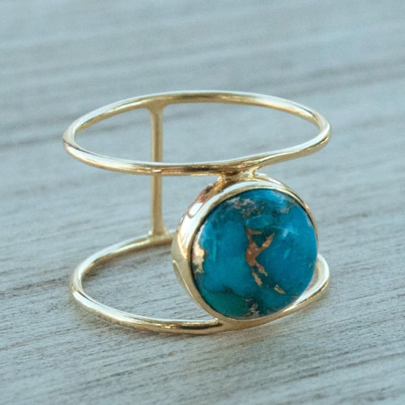 14K Gold Plated Statement Ring for Women Simulated Blue Turquoise Boho Simple Minimalist Jewelry 925 Silver Plated Gem Women's Ring Bohemian Jewelry Handmade Simple Ring G-6# - color: gold, size: 6#