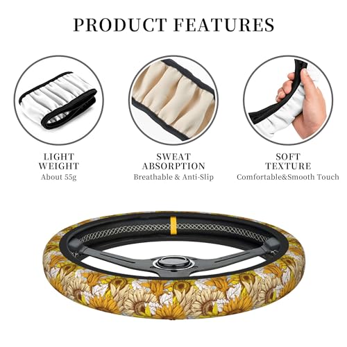 Sunflower Car Steering Wheel Cover, Non Slip Universal Wheel Protector Elastic 15 Inch Car Accessories for Men Women - color: sunlower