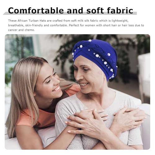 African Women Turban Caps Pre-Tied Twisted Turbans Head Scarf for Women Hair Wraps Cover Beanie Cancer Chemo Headwear - color: 1 Pack Twisted Braid A: Pearls Blue