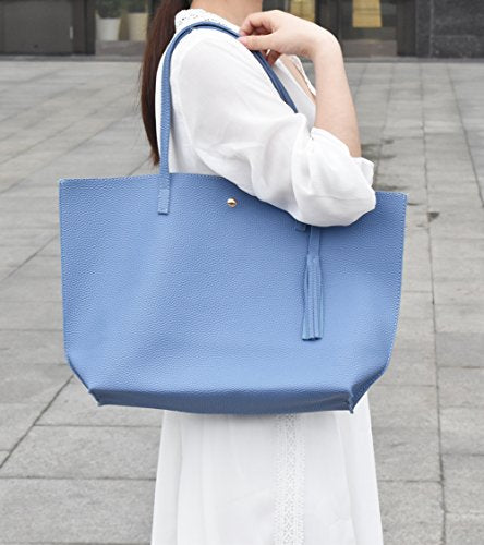Dreubea Women's Soft Faux Leather Tote Shoulder Bag from, Big Capacity Tassel Handbag - color: Blue
