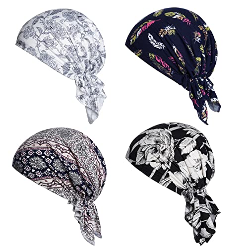 4pcs Pre-Tied Chemo Head Scarf Beanie Covers Cap Head Scarves Sleep Turban Hat Women Bandana with Stretch Print Ruffle - color: Multicolor