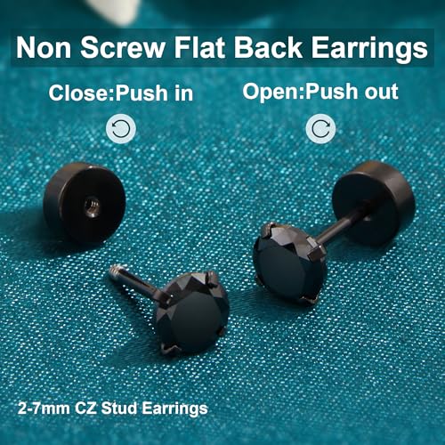 Flat Back Stud Earrings for Women - Hypoallergenic Surgical Steel Earrings with CZ Stones - 6 Pairs (18-20G) - color: Black, size: 18 G