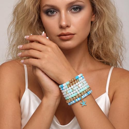 GOOJIDS Surfer Heishi Clay Bead Bracelets for Women Bohemian Stackable Gold Plated Beaded Stretch Bracelets Elastic Layering Friendship Bracelets Set Boho Jewelry - color: B-Blue Starfish Set
