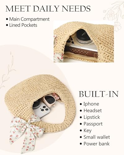 fauson Beach Bags for Women - Handmade Straw Clutch Purses for Women Handbag Zip Closure Tote Bag Lightweight - color: Beige