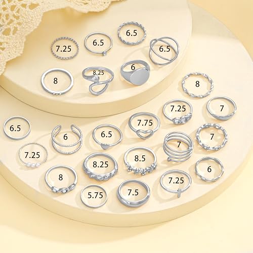 FAXHION 24-60 Pcs Gold Stackable Rings for Women, Knuckle Rings Chunky Gold Ring Set Dainty Stacking Cute Rings, Multiple Sizes Cute Jewelry Set Gift - style: Silver-24 Pcs