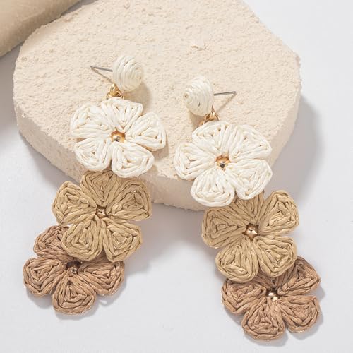 Boho Flower Earrings Statement Raffia Dangle Earrings Cute Floral Jewelry Trendy Summer Beach Vacation Outfits for Women - color: Ivory/Wheat