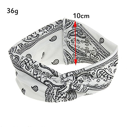 Assorted Paisley Print Wide Bandana Knot Headbands Criss Cross Head Wrap Hair Band (White) - color: White