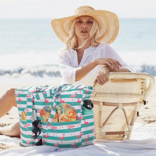 Trifabricy Beach Bags for Women Waterproof Sandproof Women Tote Bag, Large Beach Bag with Zipper for Gym Travel Vocation - color: Green Flamingo