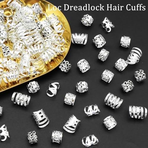 Hair Cuffs for Braids Silver - 80pcs Hair Jewelry Dreadlock Beads Non-Piercing Ear Clips Adjustable Braids Accessories for Women and Men - color: Silver