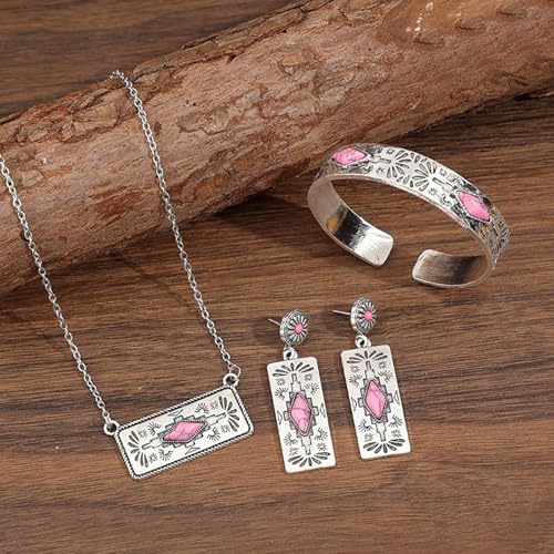 3 Piece Western Boho Pink Stone Jewelry Set for Women Silver Geometric Pendant Necklace Cuff Bracelet and Drop Earrings Bohemian Southwestern Fashion Accessories for Party Festival Everyday Wear Gift for Her