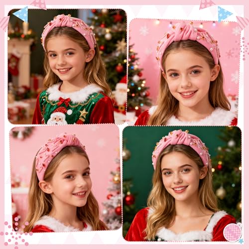 PANTIDE Christmas Jeweled Knotted Headband - Xmas Candy Cane Rhinestone Crystal Pearl Embellished Headband None Slip Wide Top Knot Fashion Hairband Hair Accessories Birthday Gift for Women Girl (Pink) - color: Pink Christmas Candy Cane