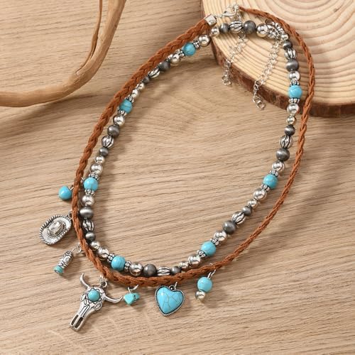 ONLYJUMP Boho Turquoise Leather Choker Necklace for Women Bohemian Handmade Leaf Layered Black Brown Suede Western Cowlady Necklace Western Country Party Jewelry Gifts - style: Ox heart
