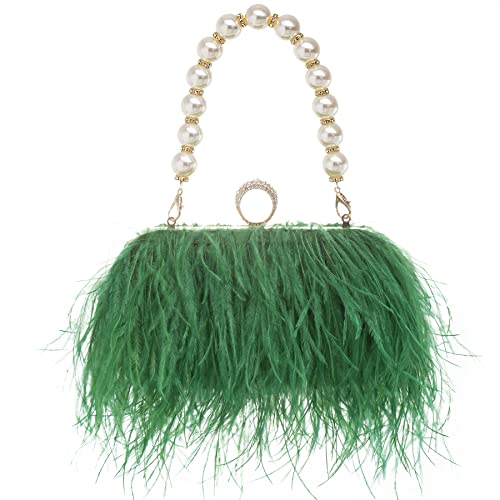 Women Real Natural Ostrich Feather Evening Bags Purses Clutch Vintage Banquet Handbag - color: Green