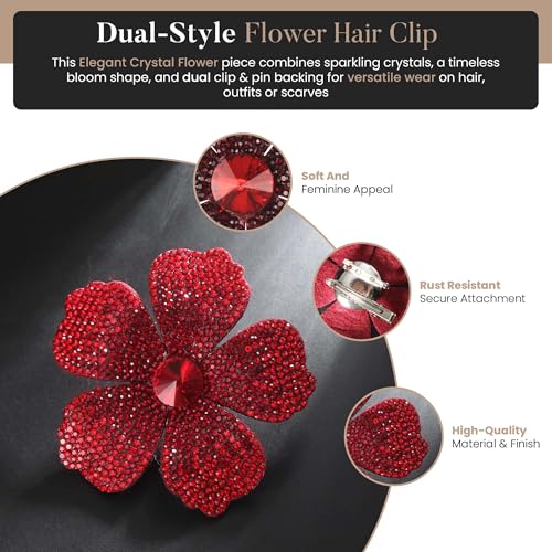 2.9 Inches Created Crystal Hibiscus Hawaiian Flower Hair Clips for Women | Boho Braids Artificial Flower Clips for Hair - color: Red