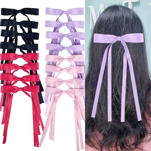 WORTL Hair Bows Clips Coquette Ribbon Bowknot with Long Tail Princess Hair Bows French Barrettes Hair Accessories for Women Girls 16PCS (Rose red, Dark Blue, Purple, Pink) - color: Rose red, Dark Blue, Purple, Pink