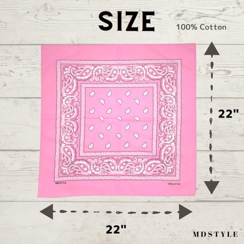 MDSTYLE 6 Pack 100% Cotton Bandanas 22” x 22" for Men & Women Paisley Handkerchief Headband Scarf Bandana - color: Pink