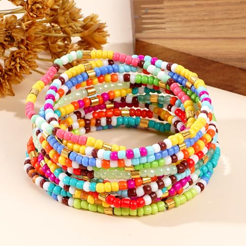 Colorful Stackable Seed Beaded Bracelets Set For Women, Boho Handmade Trendy Cute Stretch Accessories ball Glass Versatile Candy Jewelry, Summer Beach Daily Party Holiday Friendship Gift - color: Rainbow