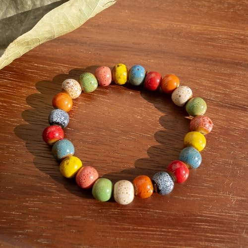 Handmade Multi-Color Faceted Ceramic Beads Bracelet for Women, Boho Stretch Bracelet with Oval Colorful Glazed Beads, Adjustable Bohemian Jewelry Gift for Mom Wife - color: colorful (8mm beads)