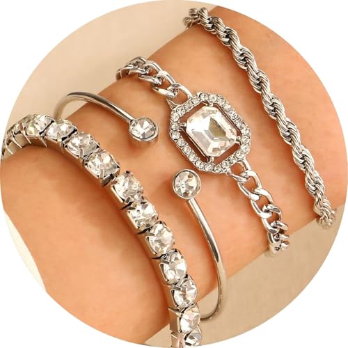 Alegend Titanium Steel (Not Rust, Resist Corruption, Easily Clean) 18K Gold Plated Single Bracelets + 14K Gold Plated Stackable Multilayer Bracelets - style: 14KSilver + 4PCS A