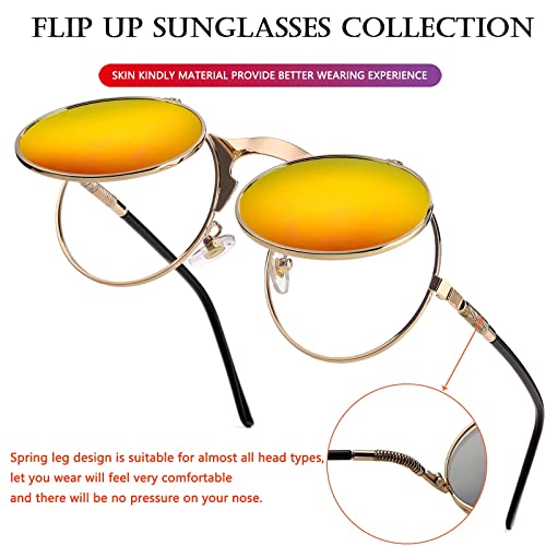 AIEYEZO Round Flip Up Sunglasses for Men and Women Rave Flip Glasses 90's Retro Steampunk Style - color: Gold/Red Mirror