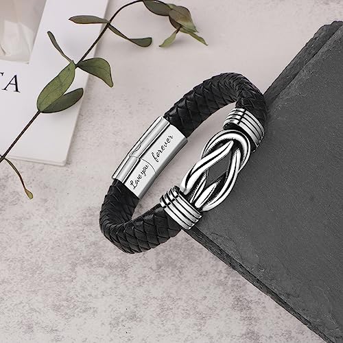Gift for Men Black Braided Leather Infinity Bracelet for Men Dad Husband Boyfriend Son Grandson Brother Nephew Uncle Forever Linked Together Stainless Steel Engraved with Love You Forever Jewelry 7.5|8.5|9 Inches - color: To My Grandson-Never Forget how m