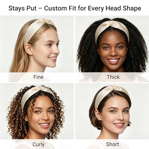 ZLYC Mulberry Silk Headband Elastic Twist Knotted Head Bands for Women's Hair, Solid Beige Cream - color: Solid Beige Cream