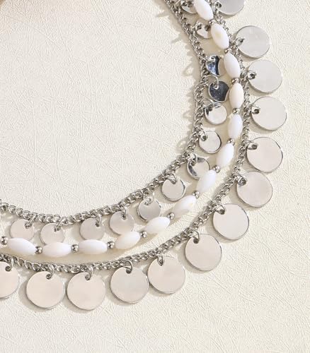 Noessla Layered Beaded Chunky Necklace for Women Boho Two-color Shell Statement Necklace Fashion Collar Costume Jewelry Gifts for Mum - color: 94-White