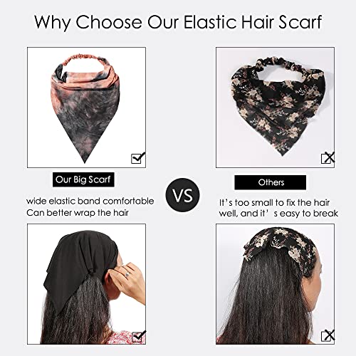 Vercret 6 Pack Hair Scarf Headband for Women Elastic Bandana Head Scarf Large Boho Triangle Kerchief with Clips Non Slip Scarves - color: N Splash Ink