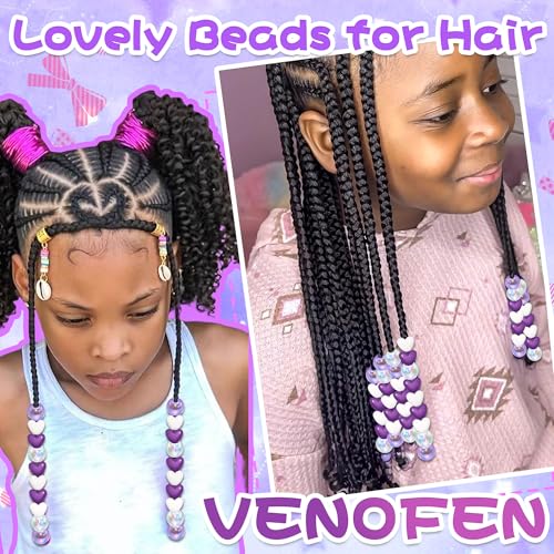 60PCS Purple White Heart Hair Beads for Braids AB Color Round Bead Loc Dreadlock Accessories Lovely Kids Girls Pony Beads - color: Purple&White