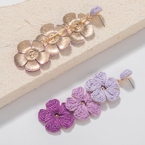 Boho Flower Earrings Statement Raffia Dangle Earrings Cute Floral Jewelry Trendy Summer Beach Vacation Outfits for Women - color: Purple-2