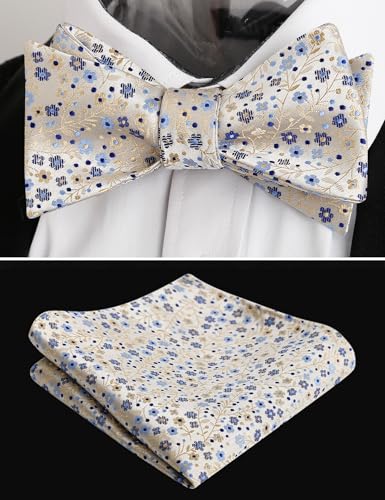 Alizeal Mens 2pcs Classic Floral Pattern Self-tied Bow Tie and Handkerchief Set - color: 045-champagne+navy Blue