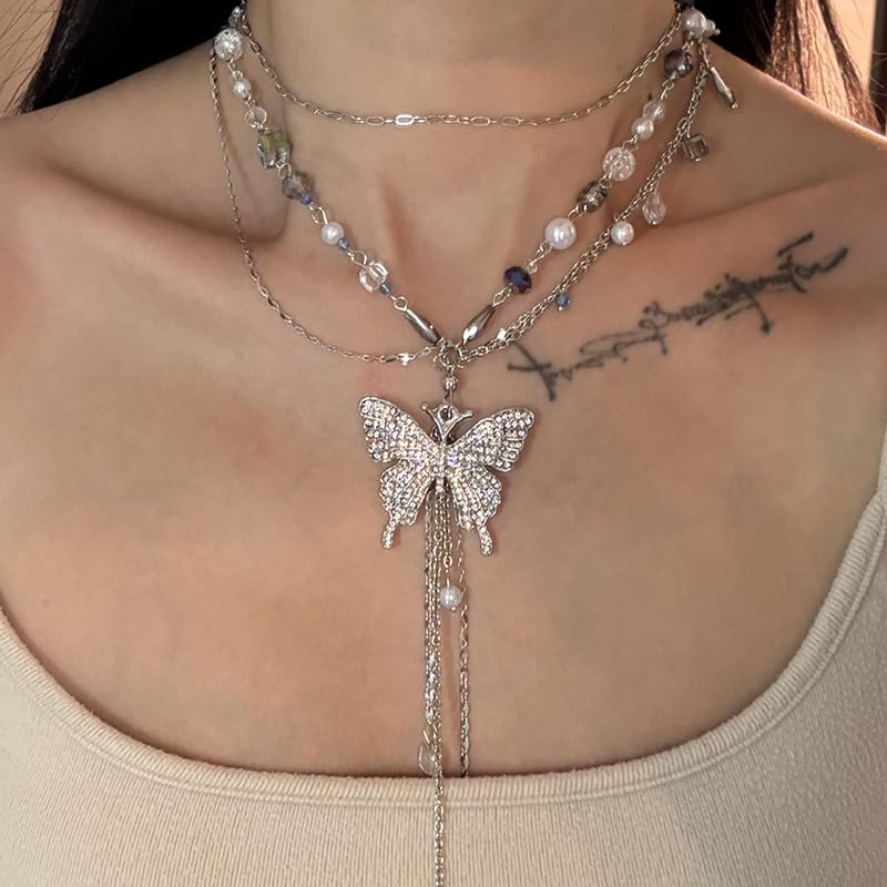 Y2k Belly Chain Rhinestone Butterfly Waist Beads Pearl Layered Silver Chain Belt For Women